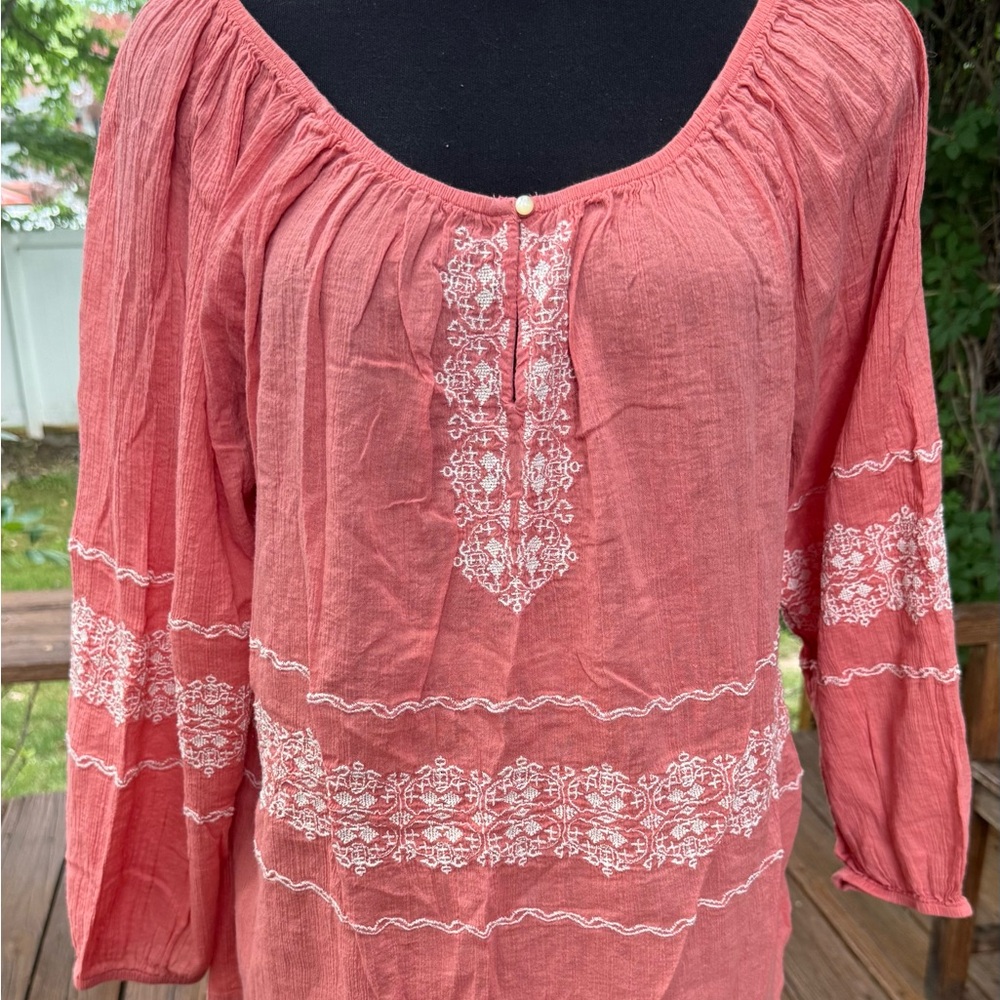 Boho Coral Pink Embroidered Gauze Peasant Blouse Long‎ Sleeve Scoop Neck Top